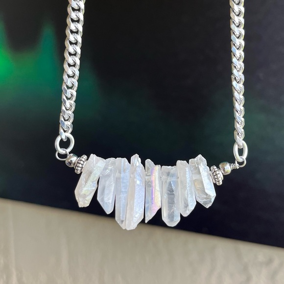 Angel aura crystal quartz on stainless steel chain boho goth choker necklace - Picture 3 of 10